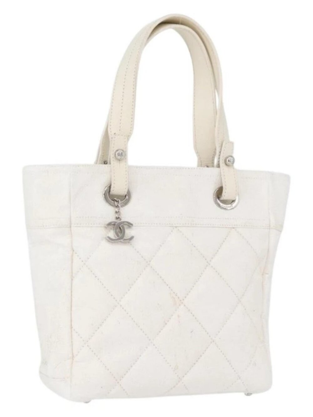 CHANEL Tote Bag Leather Silver White CC Auth BA10495